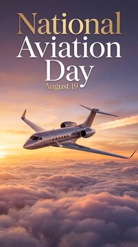 Vertical poster layout of a private jet flying through sunset clouds for National Aviation Day.