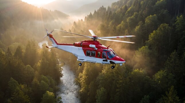 Rescue helicopter hovering over a lush green forest river valley in a mountainous landscape.