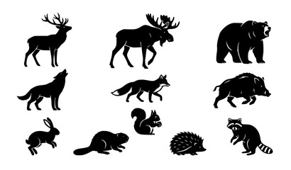 Obraz premium Animals Including Deer, Moose, Bear, Wolf, Fox, Boar, Rabbit, Beaver, Squirrel, Hedgehog, and Raccoo