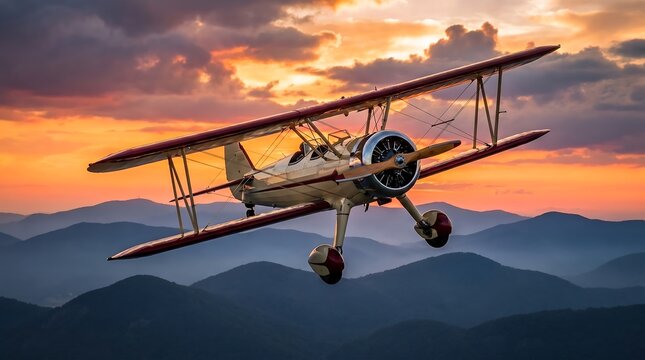Vintage biplane soaring above mountain peaks during a colorful sunset sky.