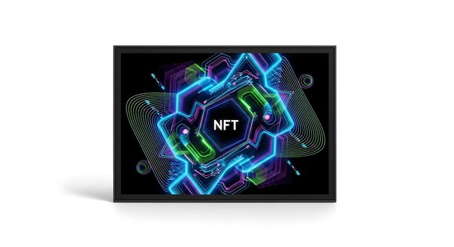 Digital art displayed on a screen, showcasing futuristic geometric patterns and the inscription NFT, representing digital ownership and blockchain technology in the art world