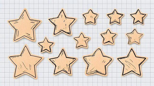 Large collection of hand drawn star doodles in scrapbook style with sketchy black outlines and beige paper cut effect on grid background ideal for creative decoration stickers and design elements.