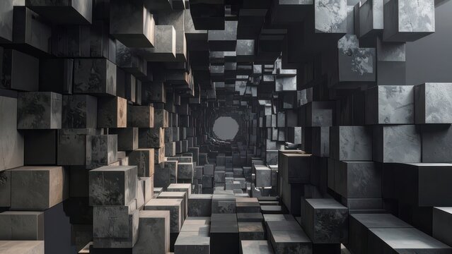 Abstract dark stone cube tunnel with deep central perspective.