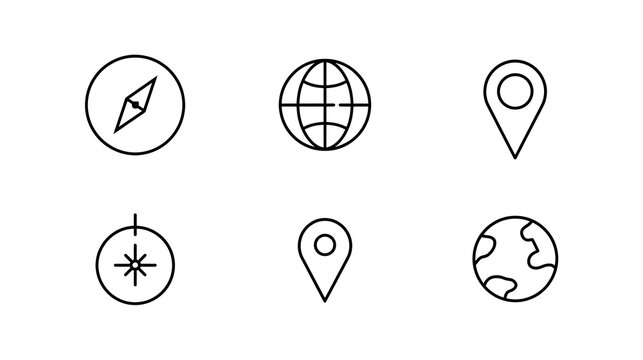 Location line icon set. Compass, travel, globe, map, geography, earth, distance, proximity minimal vector illustration. Simple outline sign for navigation app ui.
