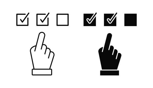 Questionnaire Black Line and Silhouette Icon Set. Hand Tick Checkmark Symbol Collection. Choice Checkbox in Checklist. Digital Application Pictogram. Isolated Vector Illustration