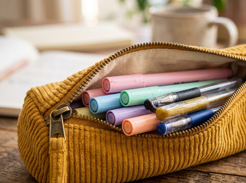 Corduroy Fabric Pencil Case Filled With Colorful Pens And Highlighters