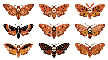 Set of nine death head moth illustrations with skull patterns on wings in vintage gothic art style © Ashok