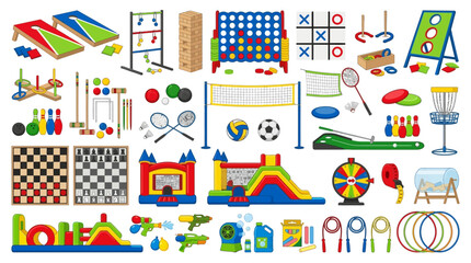 Naklejka premium A vast collection of various outdoor and indoor children's game equipment is neatly arranged on a solid white background for retail presentation.