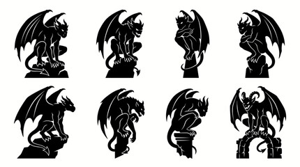 Fototapeta premium Set of eight detailed black silhouettes of gothic gargoyle statues isolated on a plain white background design