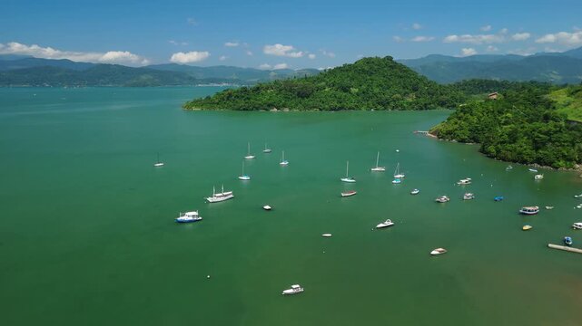 Aerial view of the sea coastline near the town of Paraty in Brazil