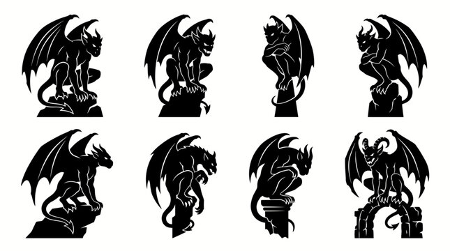 Set of eight detailed black silhouettes of gothic gargoyle statues isolated on a plain white background design
