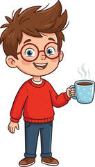 Cute Cartoon Little Boy Wearing Glasses and Red Sweater Holding Mug of Hot Tea or Coffee for Winter Graphic Designs