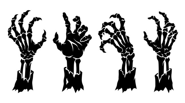 Set of four spooky skeleton hands reaching up in black and white ink drawing style for halloween design
