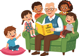 Happy Cartoon Grandfather Reading Storybook to Diverse Group of Children on Sofa for Grandparents Day Concept, Storytelling Illustration, and Family Education Designs