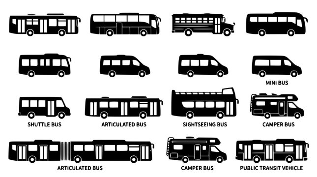 Buses of Various Types and Designs in Black and White Illustration Featuring Bus, Transportation