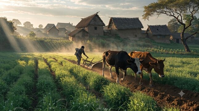 Ancient farming techniques with oxen plow in a scenic village landscape with mist and morning sun rays