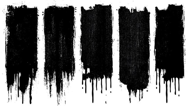 Set of vertical ink stamp texture with dripping ink in brushing creating dirty grunge brush. Letter press vintage rough rectangle shape with abstract textures. Linocut irregular textured printout. 