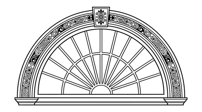 Semicircular fanlight window with ornate classical border minimalist black line art vector for architectural facade and interior design projects