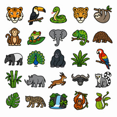 Obraz premium Colorful cartoon collection of wild animals and plants.