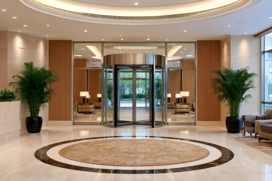 Luxury hotel lobby entrance with revolving door