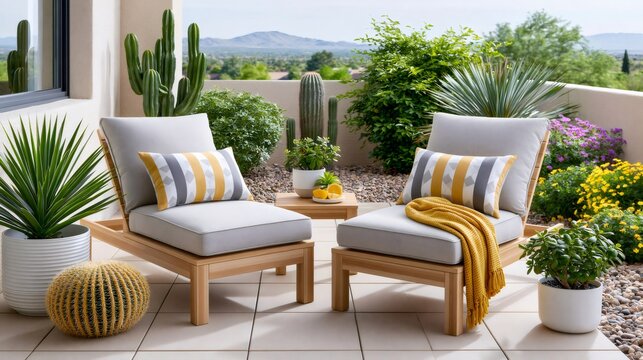 Patio lounge chairs in desert landscape garden