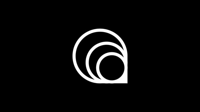 Overlapping white outline circles spiraling inward and forming a comma or paisley shaped icon set neatly against a plain solid black background design