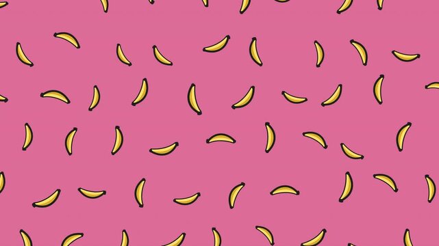 Animated seamless pattern of small yellow bananas rotating and wiggling on a bright pink background.