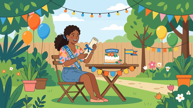 Young woman celebrating graduation outdoors with cake and decorations