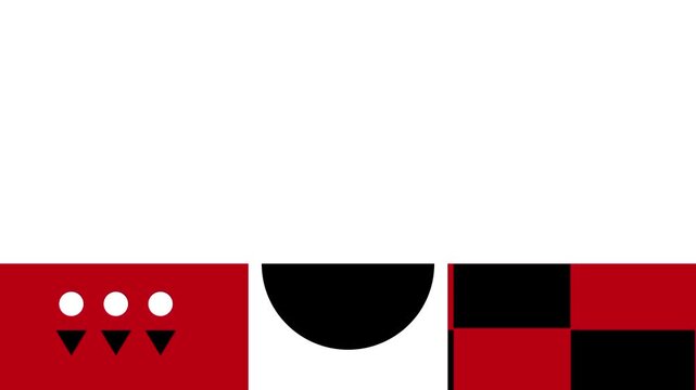 Bold graphic pattern combining solid red blocks, three small white dots, and a black half circle in a striking checkerboard style modern design layout