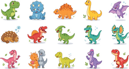 Cute Cartoon Dinosaur Character Collection with Baby Prehistoric Animals Vector Illustration Set © MstAsia