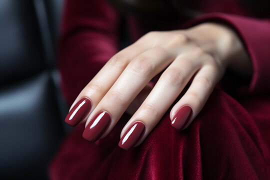 Woman hand with burgundy color nail polish on her fingernails. Burgundy nail manicure with gel polish at luxury beauty salon. Nail art and design. Female hand model. French manicure. Generative AI.