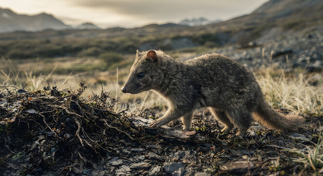 A small wild quoll walking through a rugged, mountainous landscape at sunset