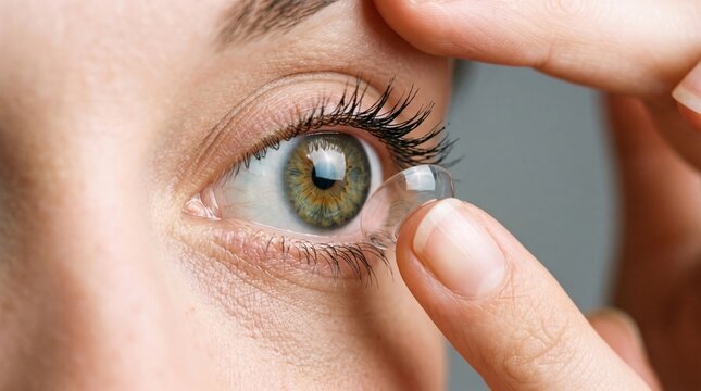 Macro close up of person inserting contact lens into eye using finger to hold eyelid open for vision correction