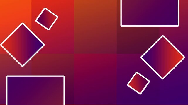 Gradient diamond and rhombus shapes rendered in orange, purple, and pink tones paired with thin white outline square frames as a decorative overlay