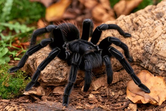 Black tarantula spider resting on forest floor bark