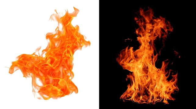 Vibrant fire flame silhouette on white background background and black set