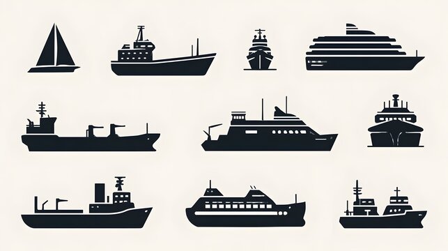 water transport icon set. maritime, shipping, boat, logistics, cruise, navigation, cargo, ferry, vessel, port. editable solid vector illustration. Stock Vector