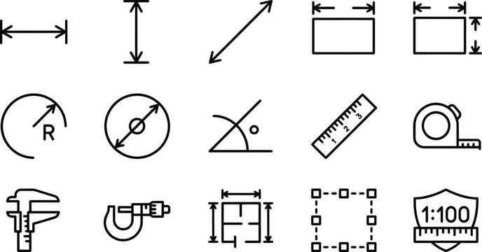 Measurement and Engineering Line Icons Set with Dimension Tools and Precision Instruments