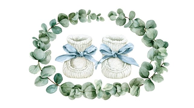 Watercolor baby booties with eucalyptus wreath. Cute nursery clip-art for blog. Gentle card design. Stock Illustration