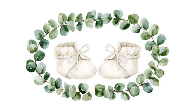 Watercolor baby booties with eucalyptus wreath. Cute nursery clip-art for blog. Gentle card design. Stock Illustration