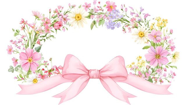 Watercolor floral frame background with a pink ribbon bow. Vintage meadow wildflower border design for elegant summer wedding invitation card template. Pastel nature illustration text backdrop. 