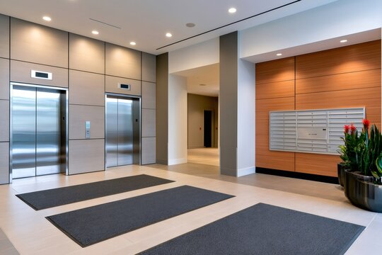 Modern building lobby featuring elevators and mailboxes