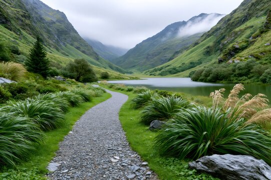 Path leading to mountain lake in foggy valley