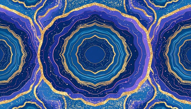 Luxury Geode Agate Slice Pattern: Tribal Abstract Gold Glitter Wavy Design in Lapis, Aubergine & Gamboge. 