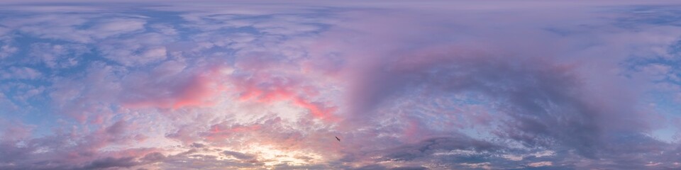 Sunset sky panorama with bright glowing pink Cirrus clouds. HDR 360 seamless spherical panorama. Full zenith or sky dome in 3D, sky replacement for aerial drone panoramas. Climate and weather change. © svetograph