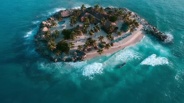 Summer hot vibe lifestyle. Aerial view of a tropical beach. The main subject is a sandy shoreline lined with palm trees and blue lounge chairs. The ocean is a vibrant turquoise.