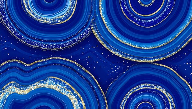 Luxury Geode Agate Slice Pattern: Tribal Abstract Gold Glitter Wavy Design in Lapis, Aubergine & Gamboge. 