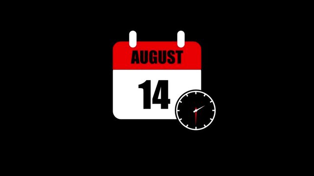August 14 Calendar Date Vector Icon Animated Concept with Clock Display for Event Scheduling, Deadline Reminder, Agenda Planner, Daily Organizer Motion Graphics on Black Background Screen.