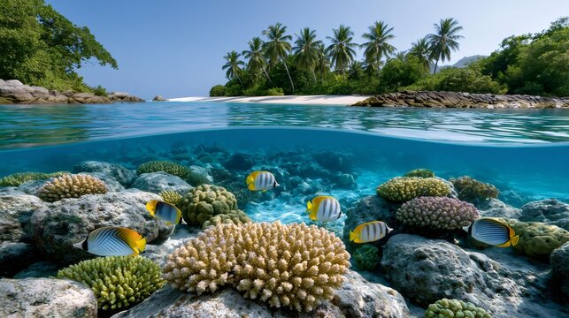Tropical island split shot with coral reef and butterflyfish