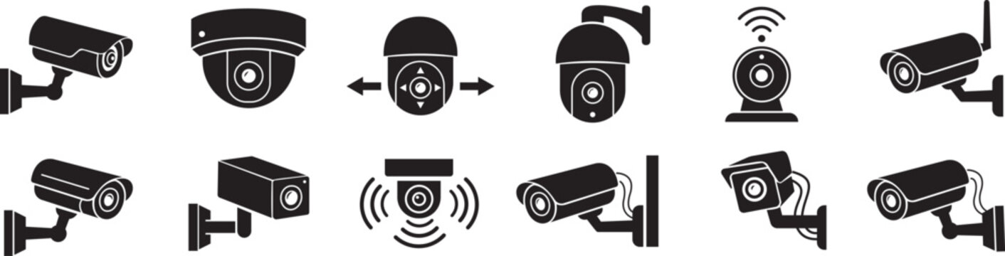 CCTV Security Camera Icons Set Collection Group, Surveillance, Monitoring, Wireless Camera, Dome and Bullet Camera Flat and Line Vector Isolated on Transparent Background